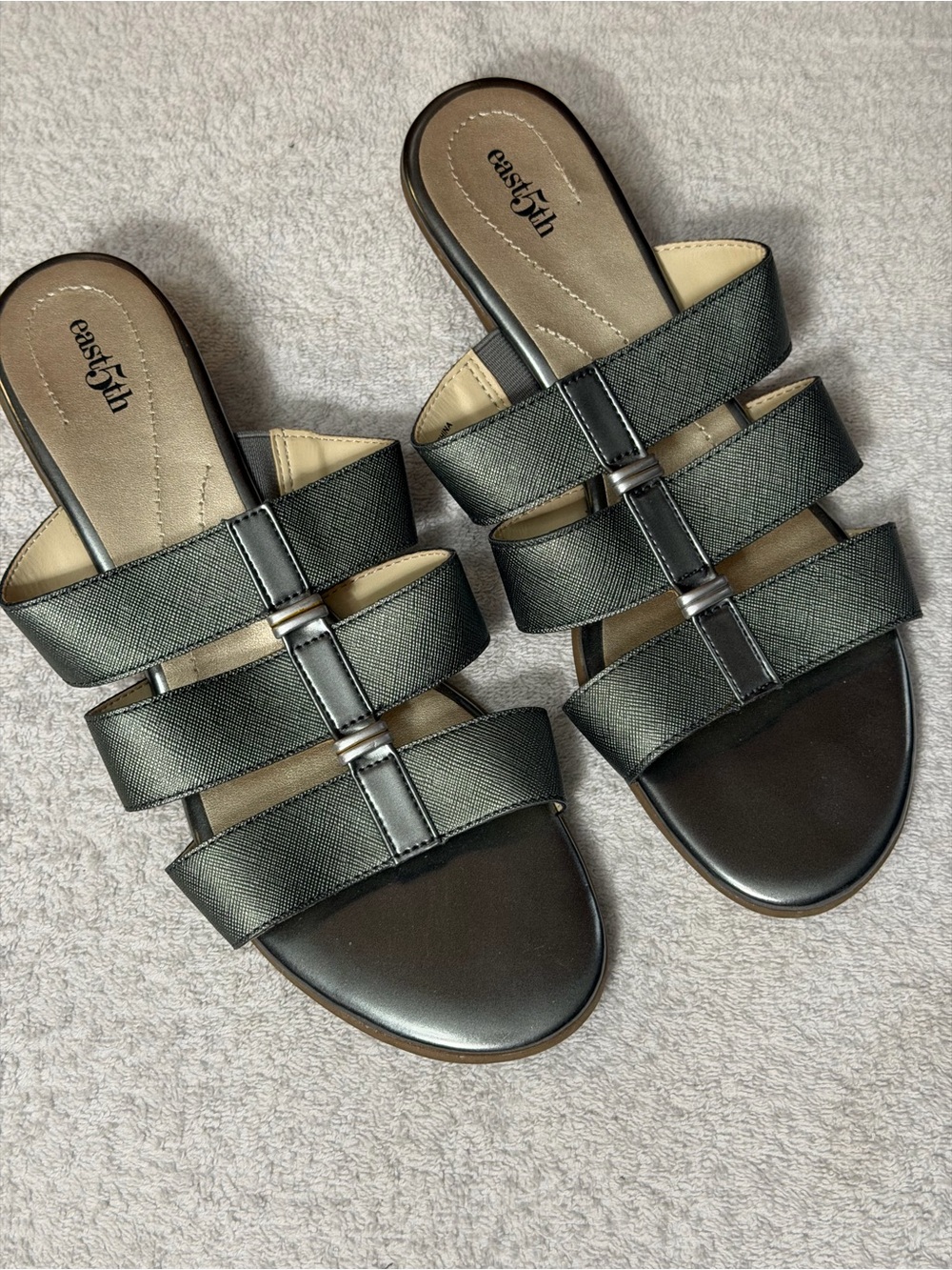 East 5th Elsie Open-Toe Heeled Sandals Triple-Strap Slide Mule Pewter 106-1995